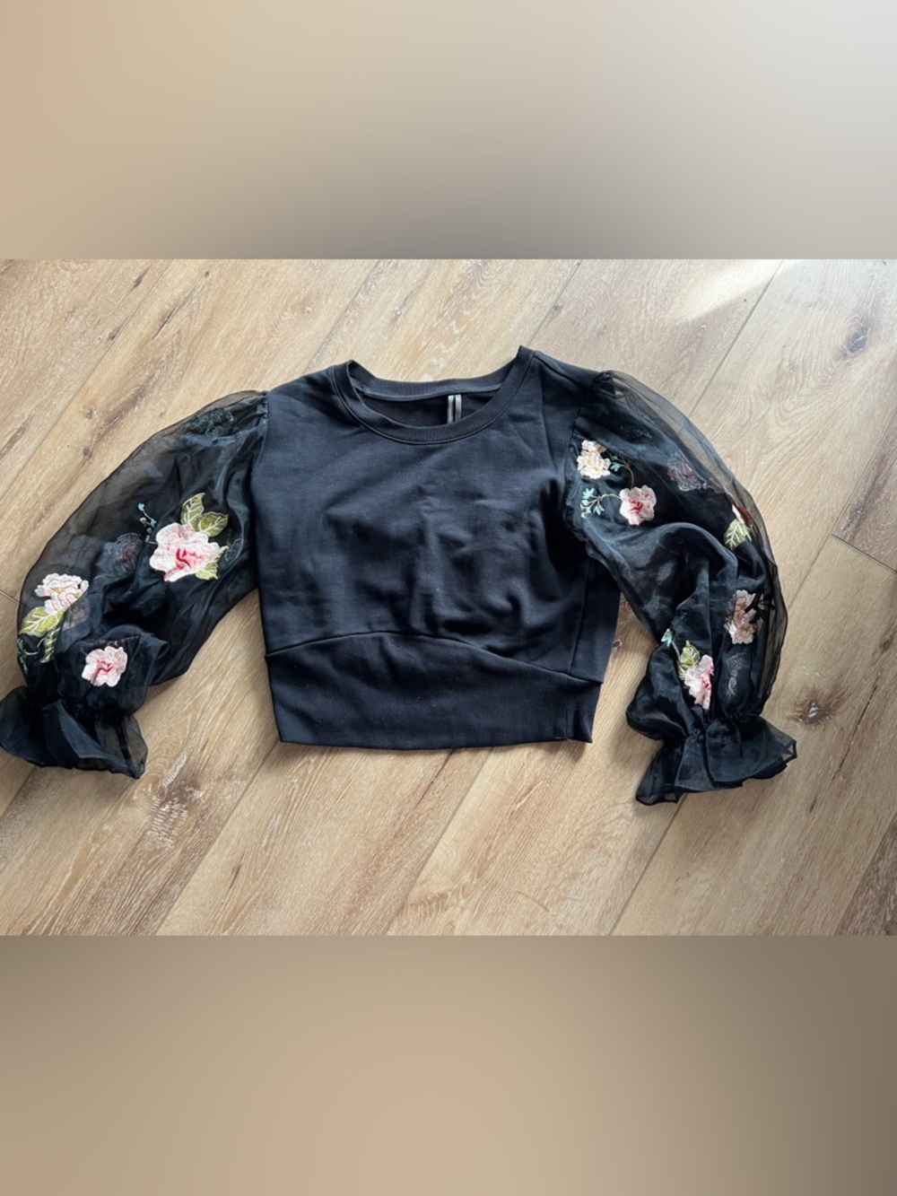 Anthropologie Black Cropped Top with Embroidered Sheer Puff Sleeves Size Medium